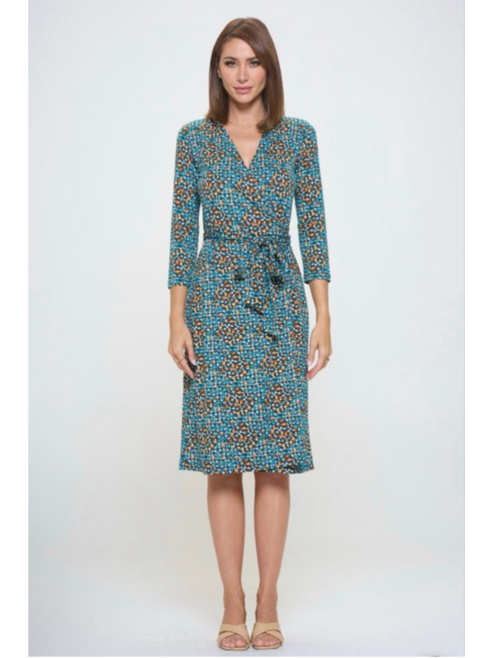 Renee C. Teal Orange Long Sleeve Wrap Dress Size L